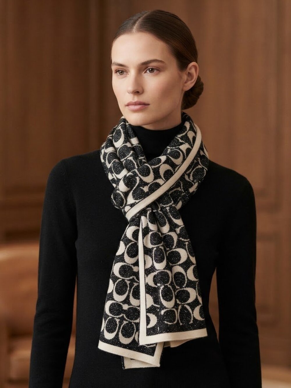 Coach Black Wool Tonal C Logo Knit Scarf Wrap